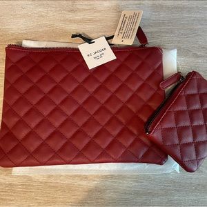 NWT KC Jagger Vegan Caviar Leather Quilted Pouch Set Red